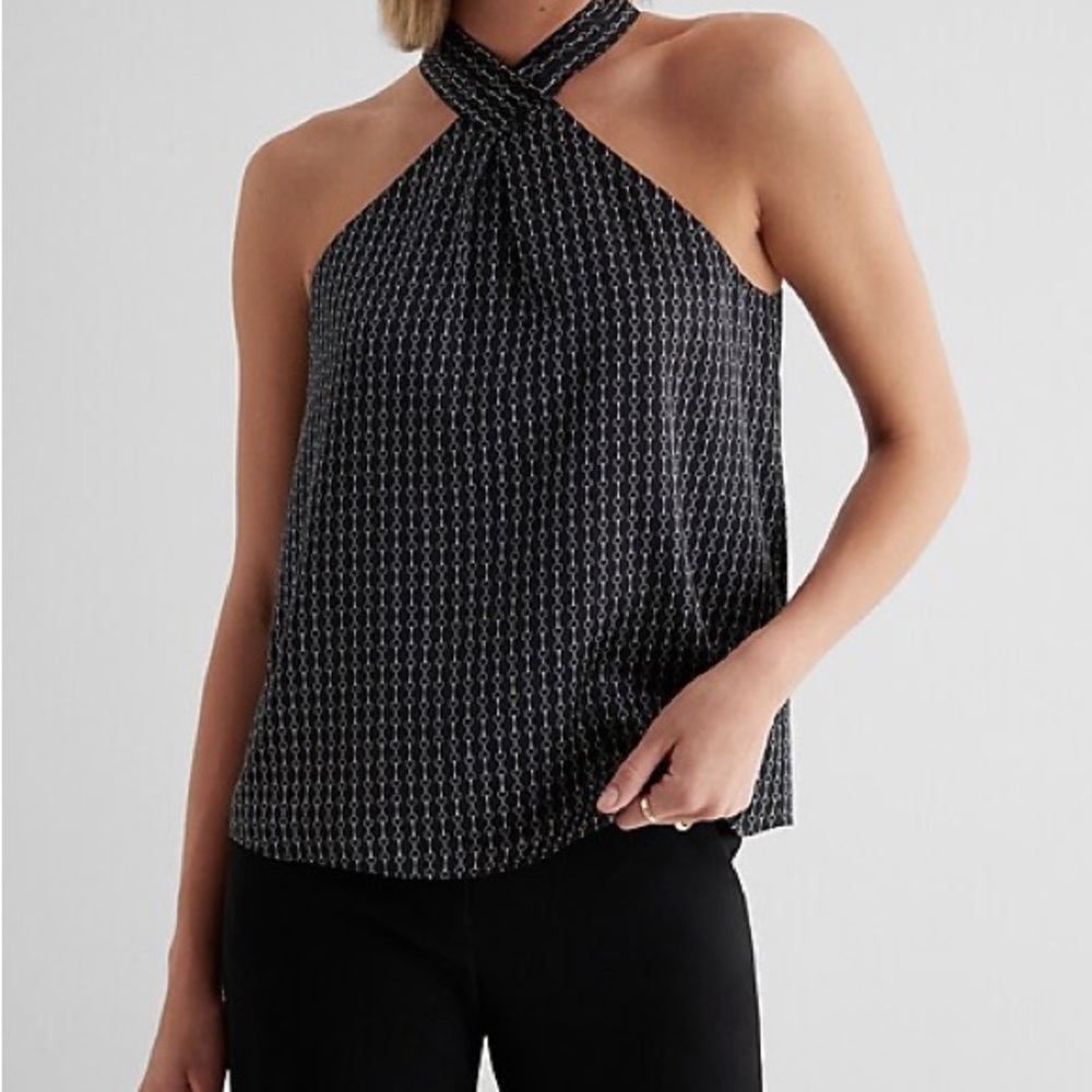 Express Black Patterned Halter Blouse - image 1